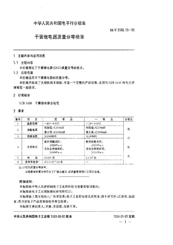 干簧继电器质量分等标准 (SJ/T 9560.13-1993)