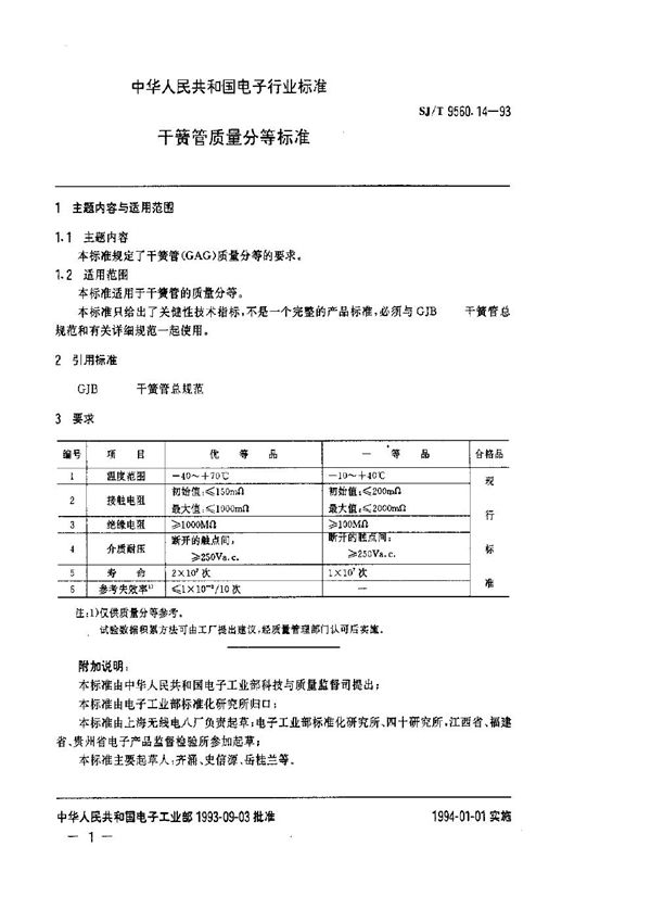 干簧管质量分等标准 (SJ/T 9560.14-1993)