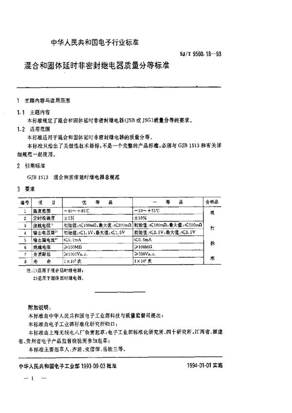 混合和固体延时非密封继电器质量分等标准 (SJ/T 9560.18-1993)