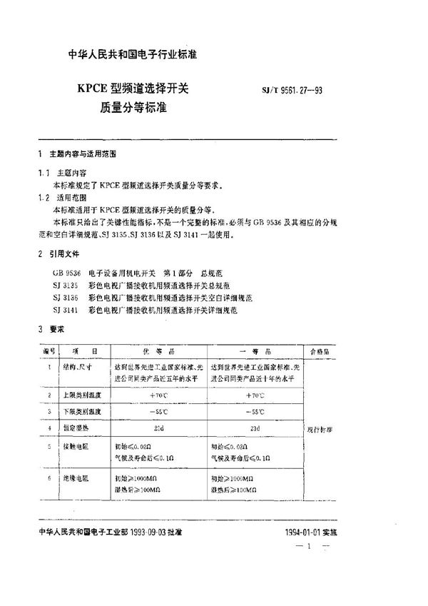 KPCE型频道选择开关质量分等标准 (SJ/T 9561.27-1993)