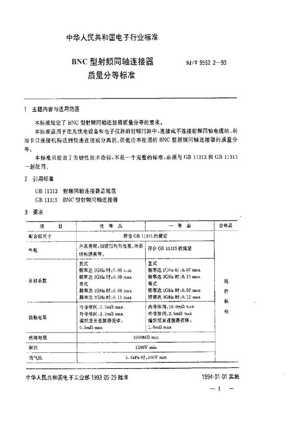 BNC型射频同轴连接器质量分等标准 (SJ/T 9562.2-1993)