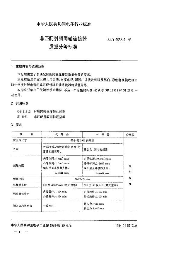 非匹配射频同轴连接器质量分等标准 (SJ/T 9562.6-1993)