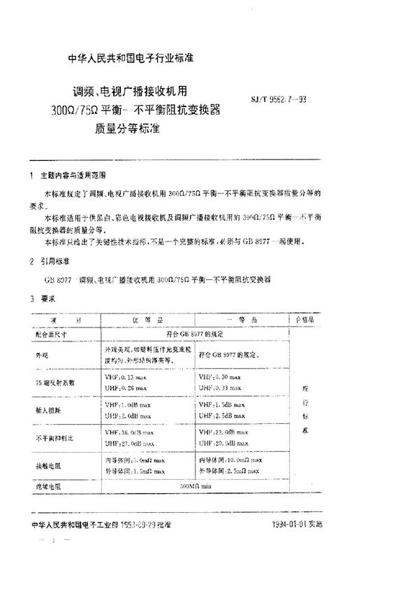 调频、电视广播接收机用300Ω 75Ω平衡-不平衡阻抗变换器质量分等标准 (SJ/T 9562.7-1993)