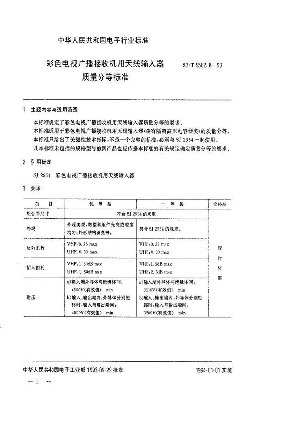 彩色电视广播接收机用天线输入器质量分等标准 (SJ/T 9562.8-1993)