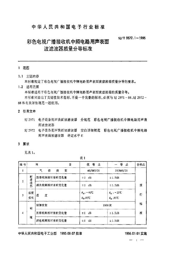 彩色电视广播接收机中频电路用声表面波滤波器质量等分标准 (SJ/T 9572.1-1995)