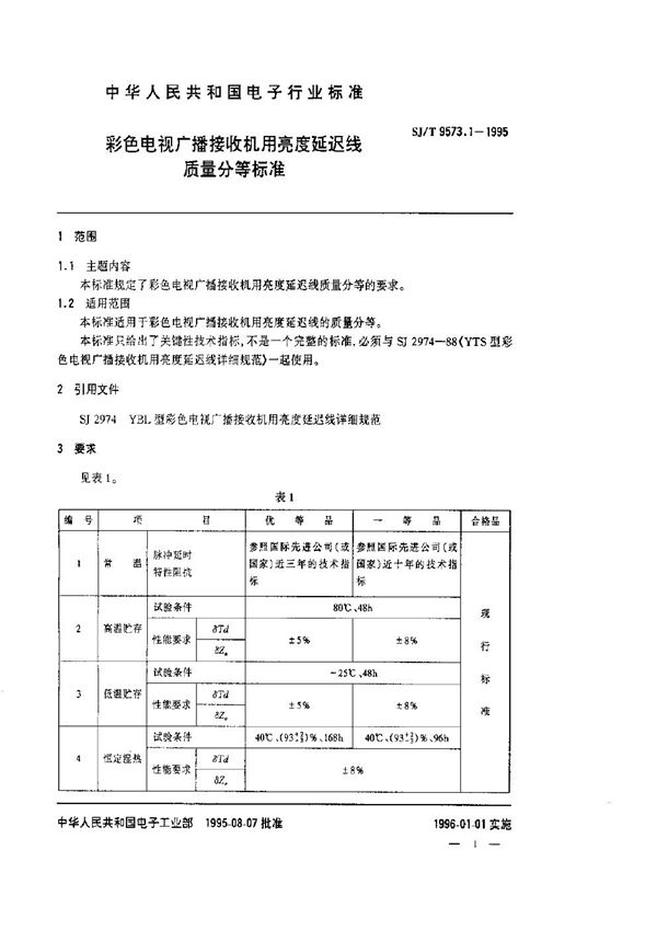 彩色电视广播接收机用亮度延迟线质量等分标准 (SJ/T 9573.1-1995)