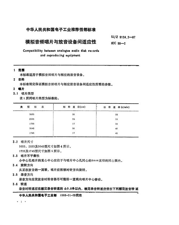 唱片和唱机 模拟音频唱片与放音设备间适应性 (SJ/Z 9124.2-1987)