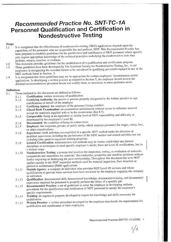 Recommended practice for NDT qualification an (SNT-TC-1A-2006)