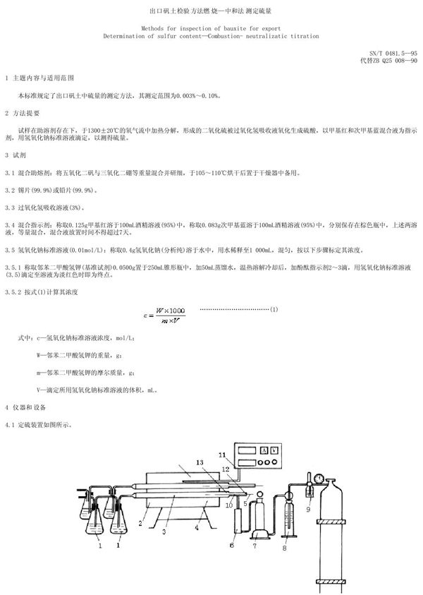 出口矾土检验方法 燃烧 中和法测定硫量 (SN/T 0481.5-1995)