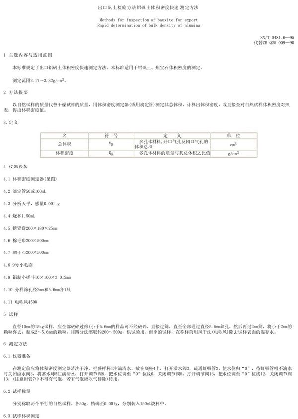 出口矾土检验方法 铝矾土体积密度快速测定方法 (SN/T 0481.6-1995)