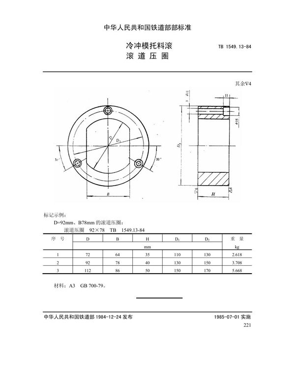 冷冲模托料滚 滚道压圈 (TB 1549.13-1984)