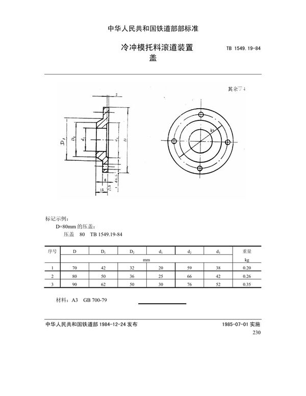 冷冲模托料滚道装置 压盖 (TB 1549.19-1984)