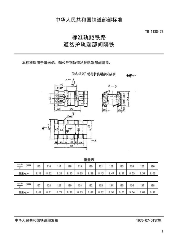 标准轨距铁路道岔用护轨端部间隔铁 (TB/T 1138-1975)