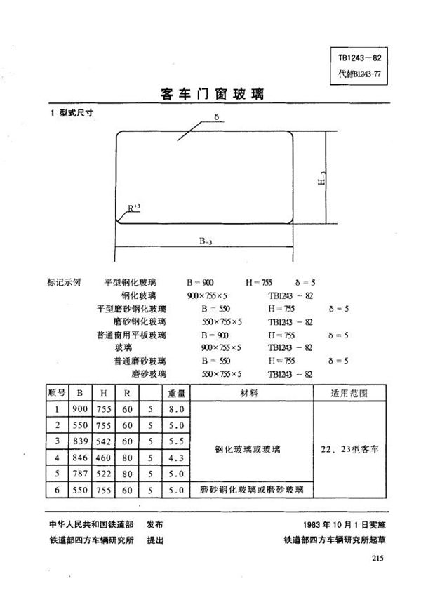 客车门窗玻璃 (TB/T 1243-1982)