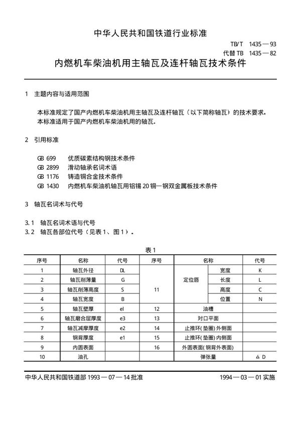 内燃机车柴油机用主轴瓦及连杆瓦技术条件 (TB/T 1435-1993)