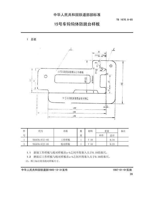 15号车钩钩体防跳台样板 (TB/T 1670.8-1985)