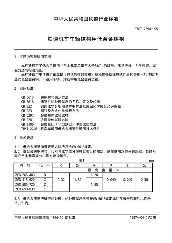 铁道机车车辆结构用低合金铸钢 (TB/T 2594-1995)