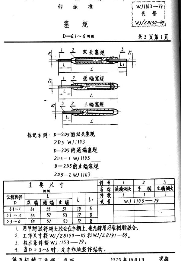 塞规(d=0.1～6mm) (WJ 1103-1979)