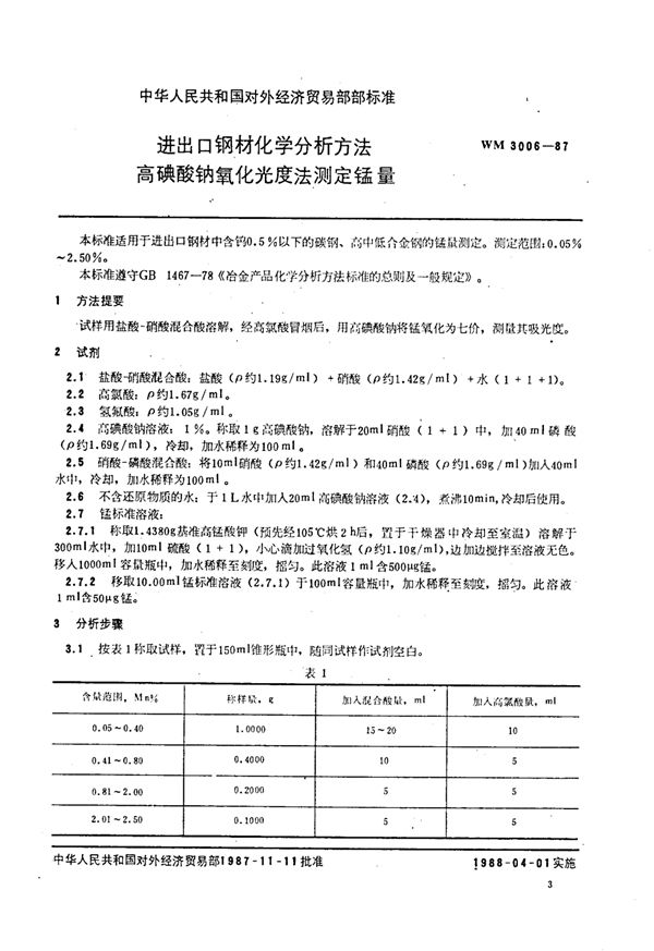 进出口钢材化学分析方法 高碘酸钠氧化光度法测定锰量 (WM 3006-1987)