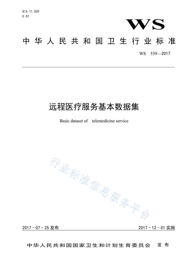 远程医疗信息基本数据集 (WS 539-2017)