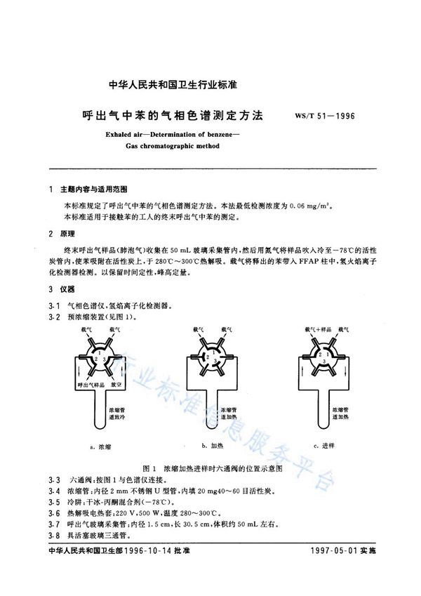 呼出气中苯的气相色谱测定方法 (WS/T 51-1996)