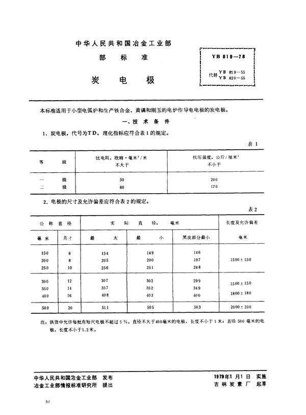 炭电极 (YB 819-1978)