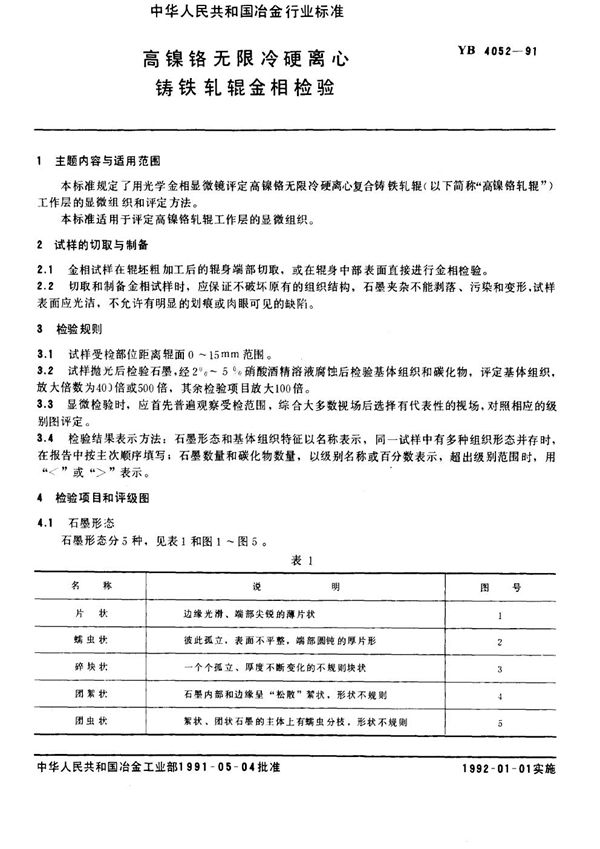 高镍铬无限冷硬离心铸铁轧辊金相检验方法 (YB/T 4052-1991)