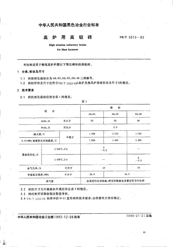 高炉用高铝砖 (YB/T 5015-1993)