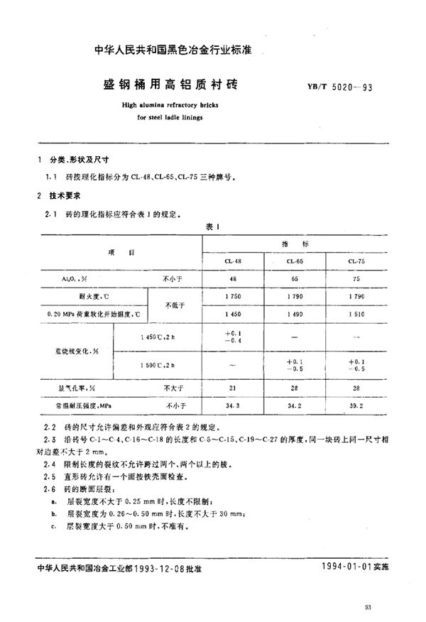 盛钢桶用高铝质衬砖 (YB/T 5020-1993)