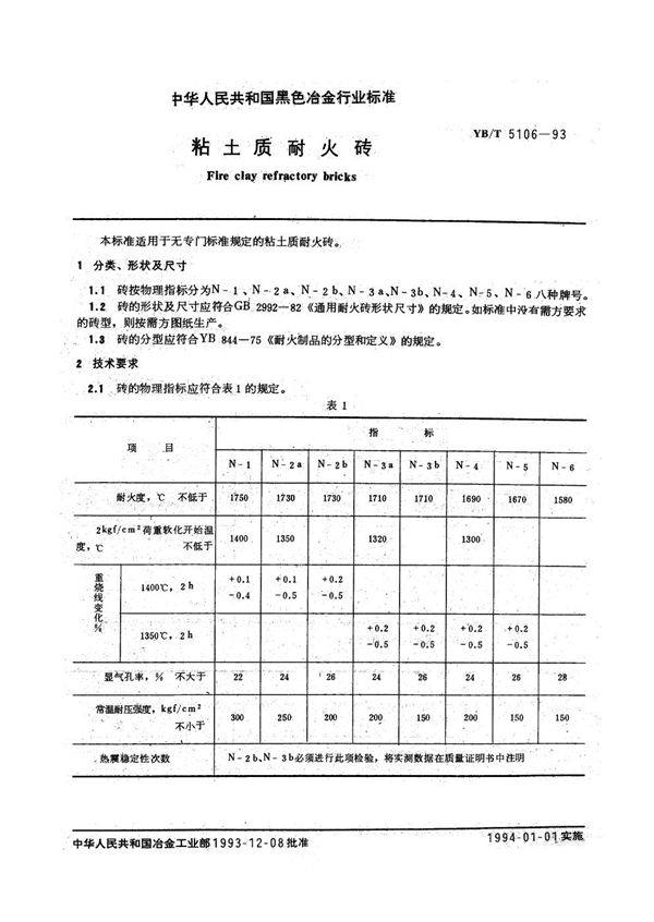 粘土质耐火砖 (YB/T 5106-1993)