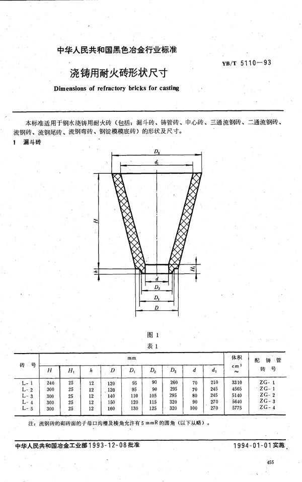 浇注用耐火砖形状尺寸 (YB/T 5110-1993)