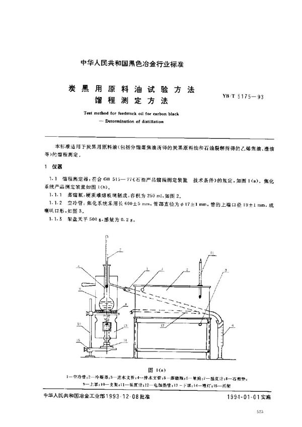 炭黑用原料油试验方法 馏程测定方法 (YB/T 5175-1993)