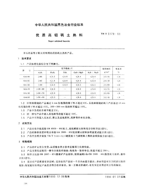 优质高铝矾土熟料 (YB/T 5179-1993)