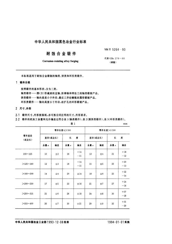 耐蚀合金锻件 (YB/T 5264-1993)