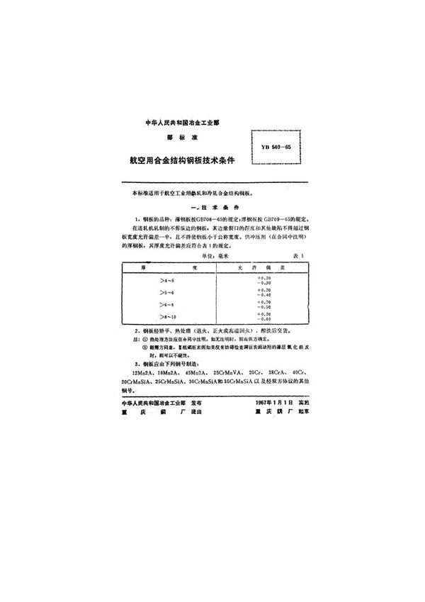 航空用合金结构钢板技术条件 (YB/T 540-1965)