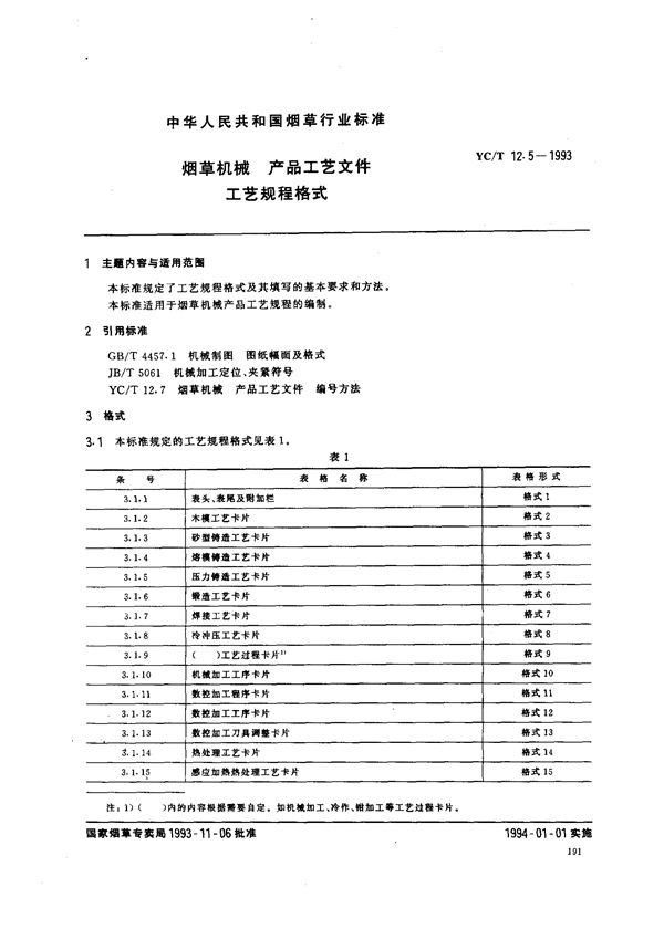 烟草机械产品工艺文件工艺规程格式 (YC/T 12.5-1993)