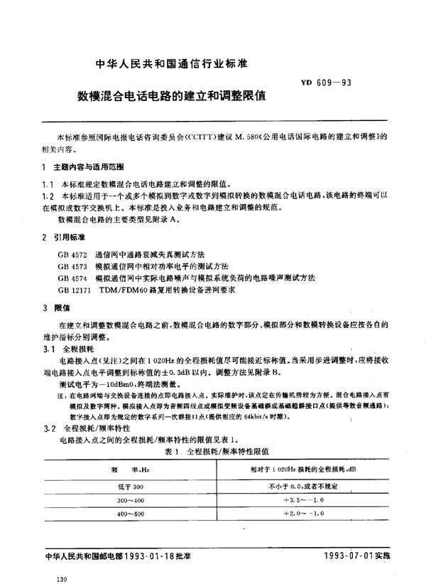 数模混合电话电路的建立和调整限值 (YD 609-1993）