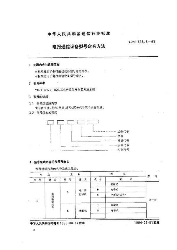 电报通信设备型号命名方法 (YD/T 638.6-1993）