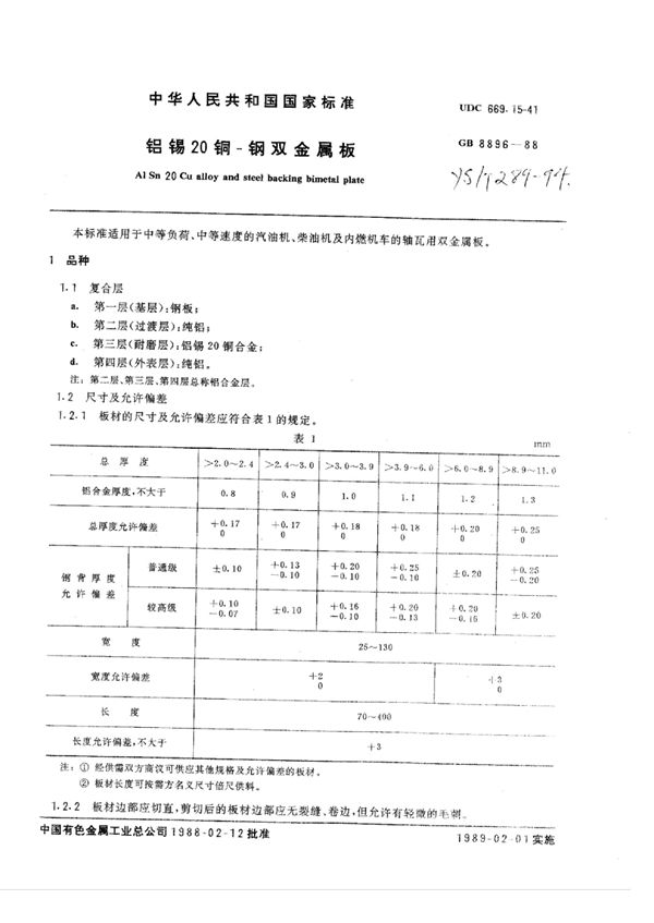 铝锡20铜-钢双金属板 (YS/T 289-1994)