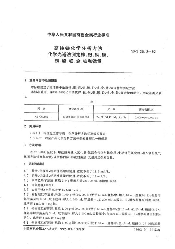 高纯锑化学分析方法  化学光谱法测定锌、银、铜、镉、镍、铅、镁、金、铁和锰量 (YS/T 35.2-1992）