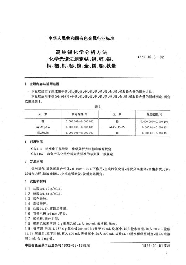 高纯锡化学分析方法  化学光谱法测定钴、铝、锌、银、铜、钙、铋、镍、金、镁、铅、铁量 (YS/T 36.3-1992）