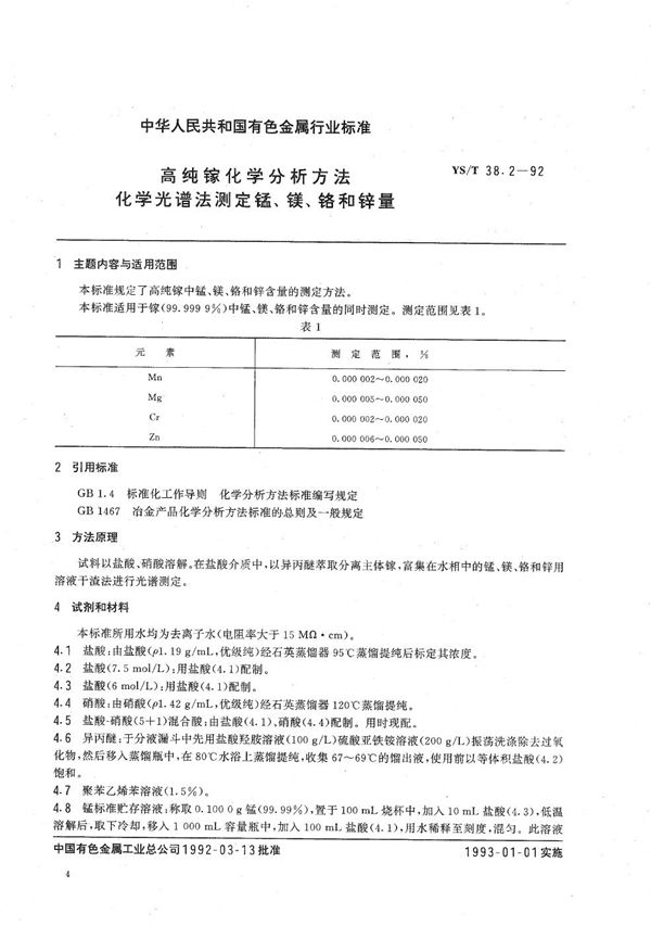 高纯镓化学分析方法  化学光谱法测定锰、镁、铬和锌量 (YS/T 38.2-1992）