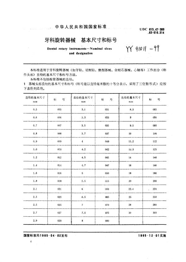 牙科旋转器械基本尺寸和标号 (YY 91011-1999)