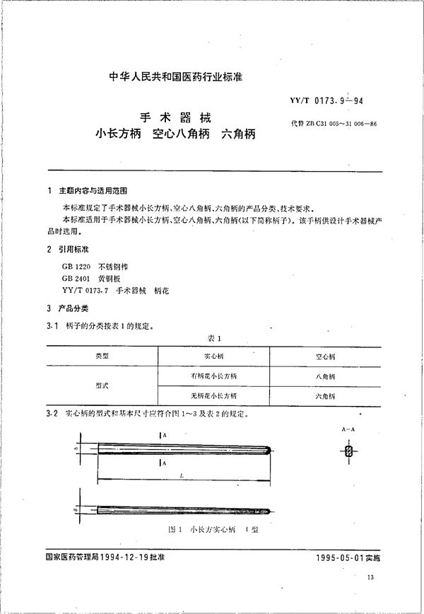 手术器械 小长方柄～空心八角柄 六角柄 (YY/T 0173.9-1994）