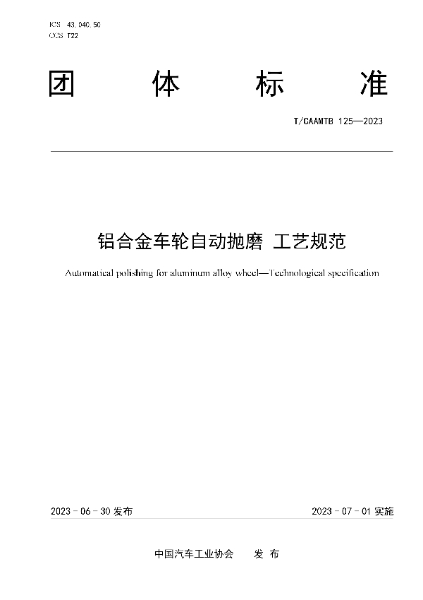 铝合金车轮自动抛磨 工艺规范 (T/CAAMTB 125-2023)