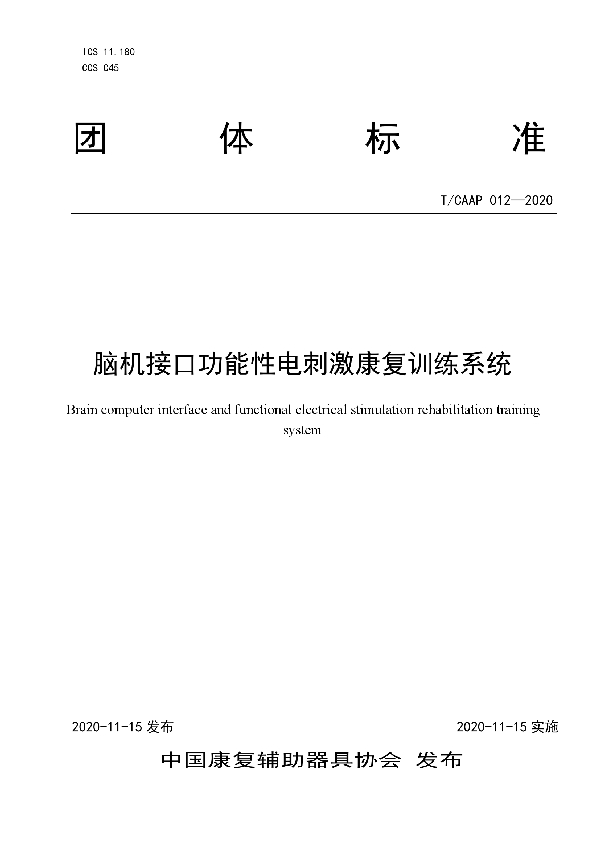 脑机接口功能性电刺激康复训练系统 (T/CAAP 012-2020）