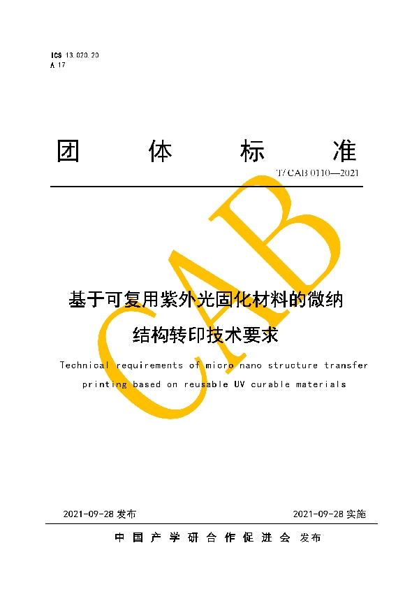 基于可复用紫外光固化材料的微纳结构转印技术要求 (T/CAB 0110-2021）