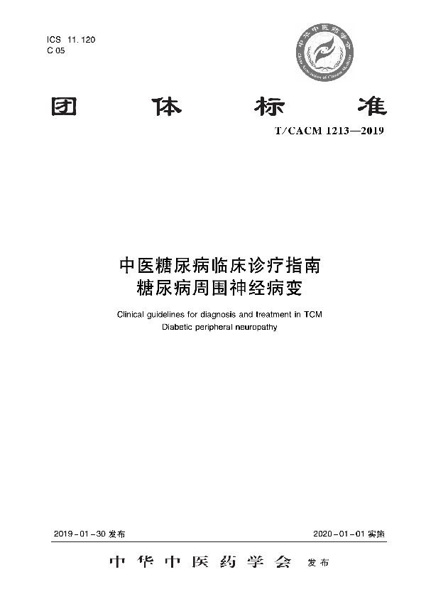 中医糖尿病科临床诊疗指南 糖尿病周围神经病变 (T/CACM 1213-2019)