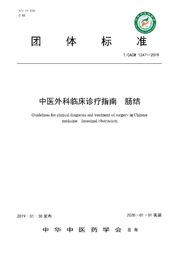 中医外科临床诊疗指南  肠结 (T/CACM 1247-2019)