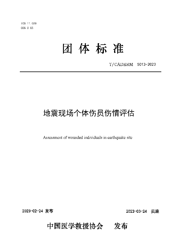 地震现场个体伤员伤情评估 (T/CADERM 5013-2023)